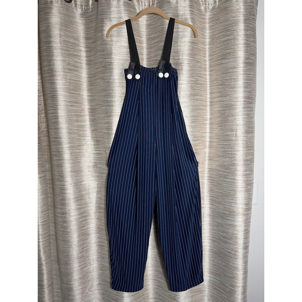 Art Stone Navy Blue Pinstripe Overalls Suspender Pants White Button Accents‎ LC